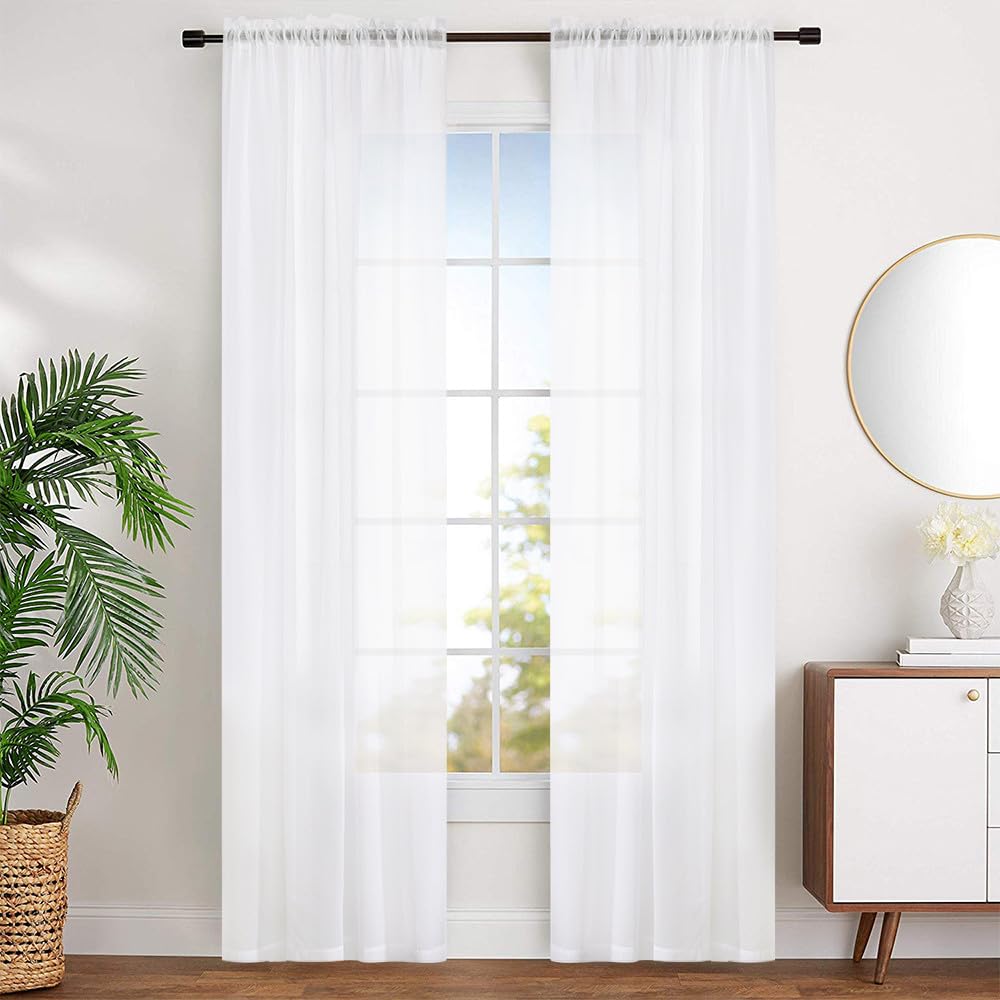 White 95 Inches Long Rod Pocket Sheer Curtains Set of 2 C5529