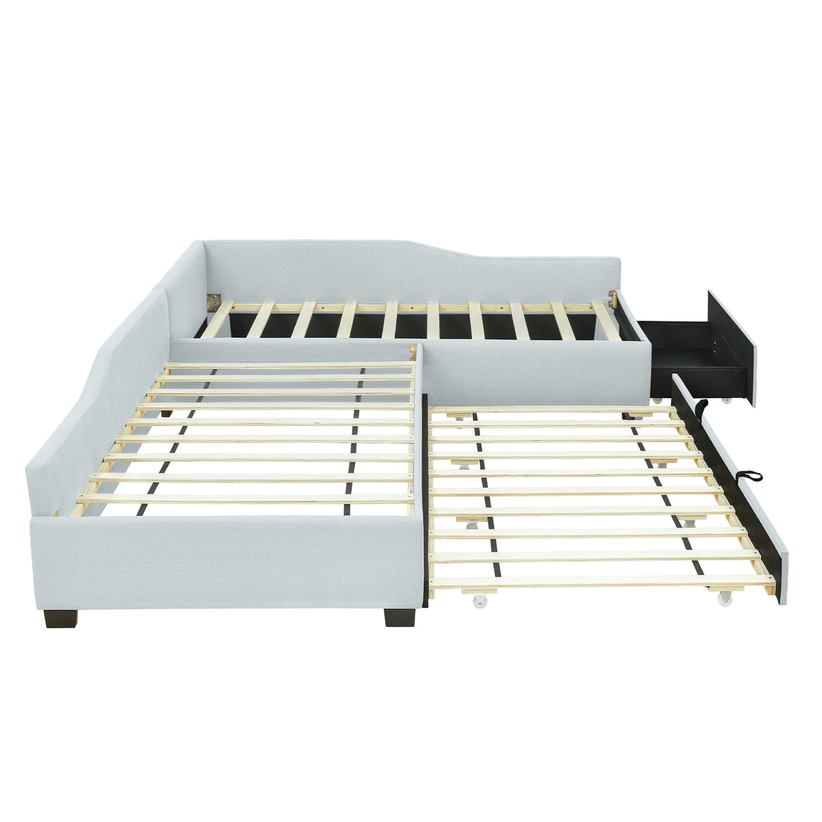 Beige Linen Upholstered Double Twin Size Daybed with Trundle and Drawer L566