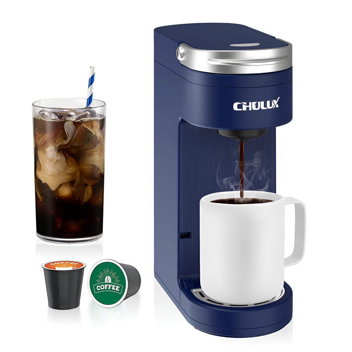 Slim Single Serve Coffee Maker with 6 to 12oz Brew Sizes, Navy Blue J432302