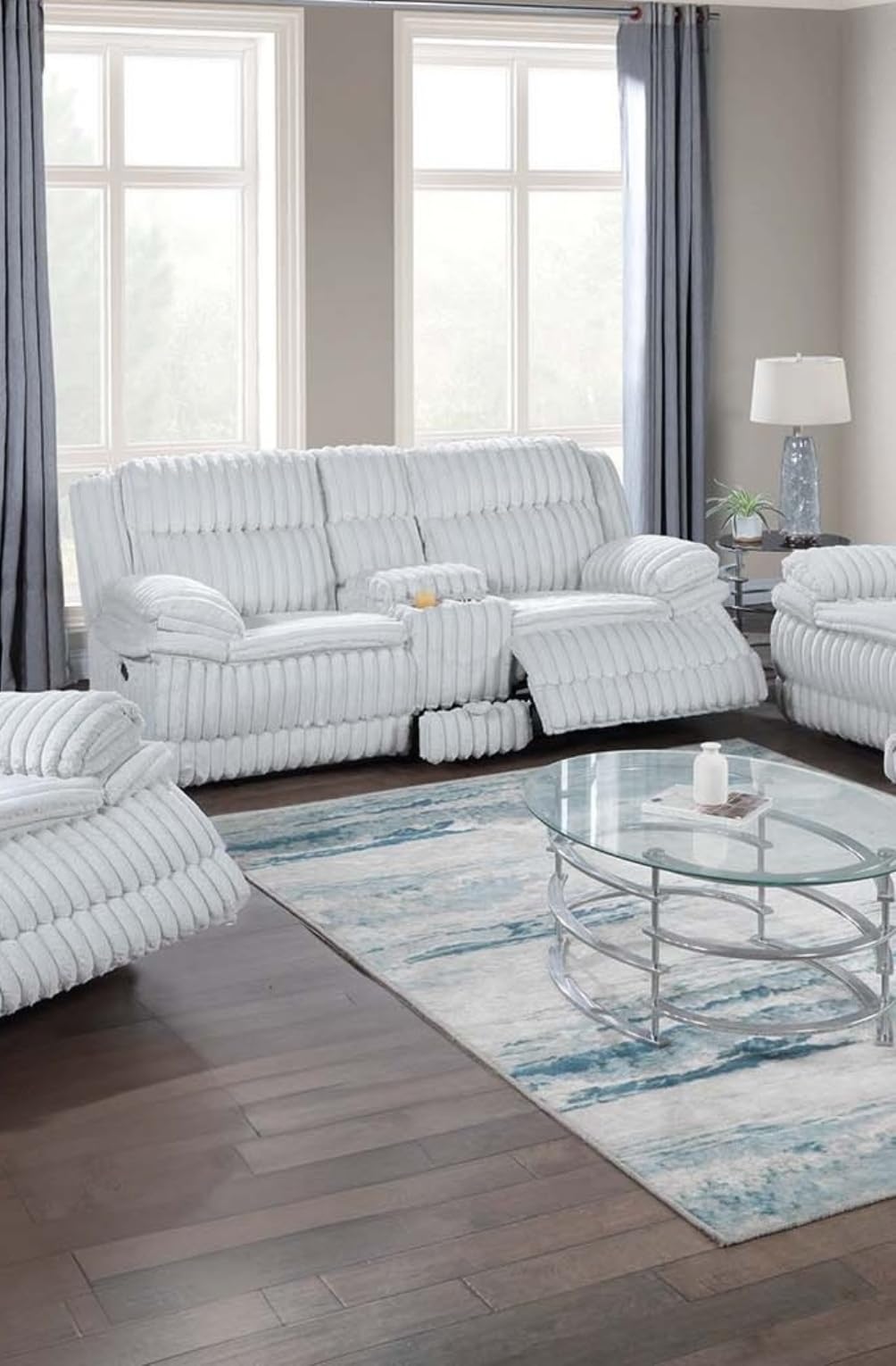 Light Gray Corduroy Reclining Loveseat with Console and Drawer Storage B187