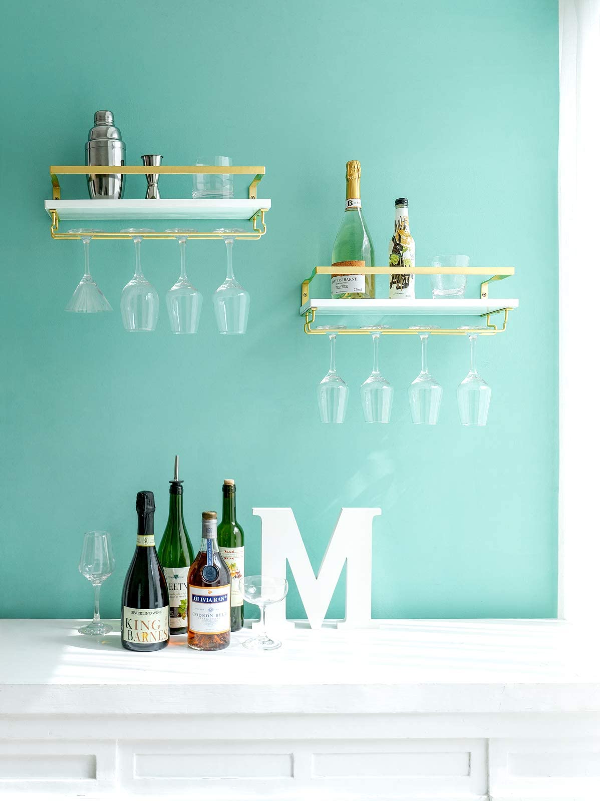 Wall Mounted Wine Rack with Glass Holder and Wood Shelf, 2 Pack E367941