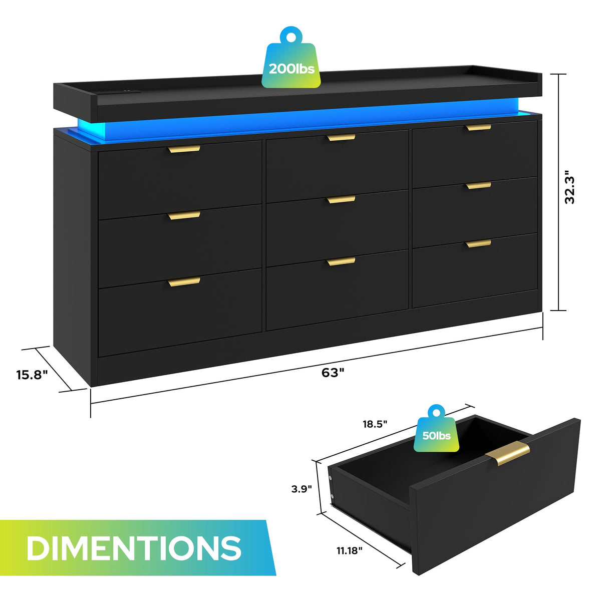 Black 9 Drawer Wood Dresser with LED Lights and Power Outlet D8861