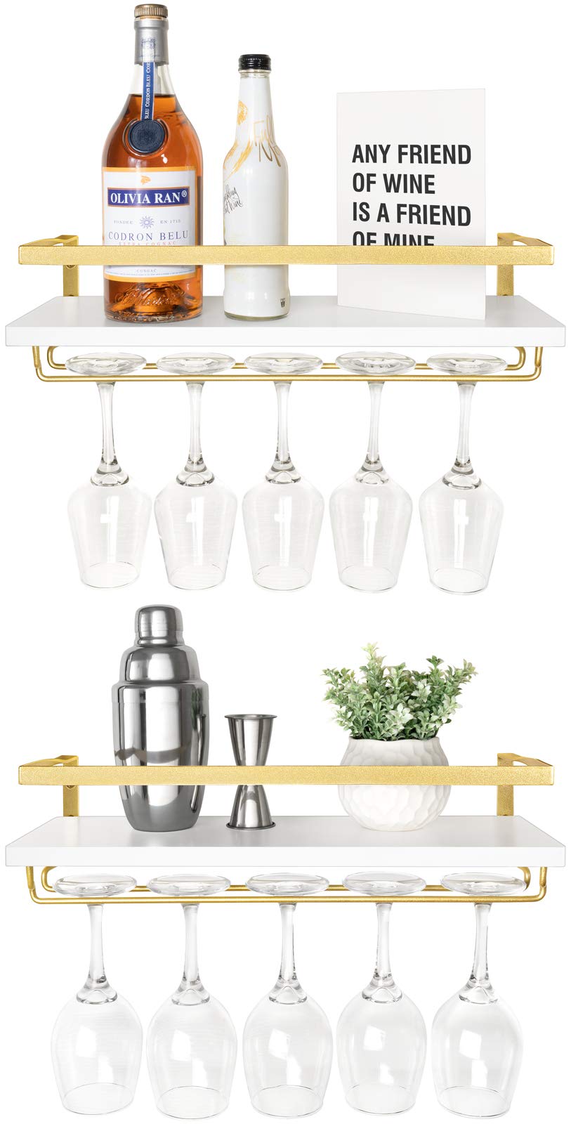 Wall Mounted Wine Rack with Glass Holder and Wood Shelf, 2 Pack E367941