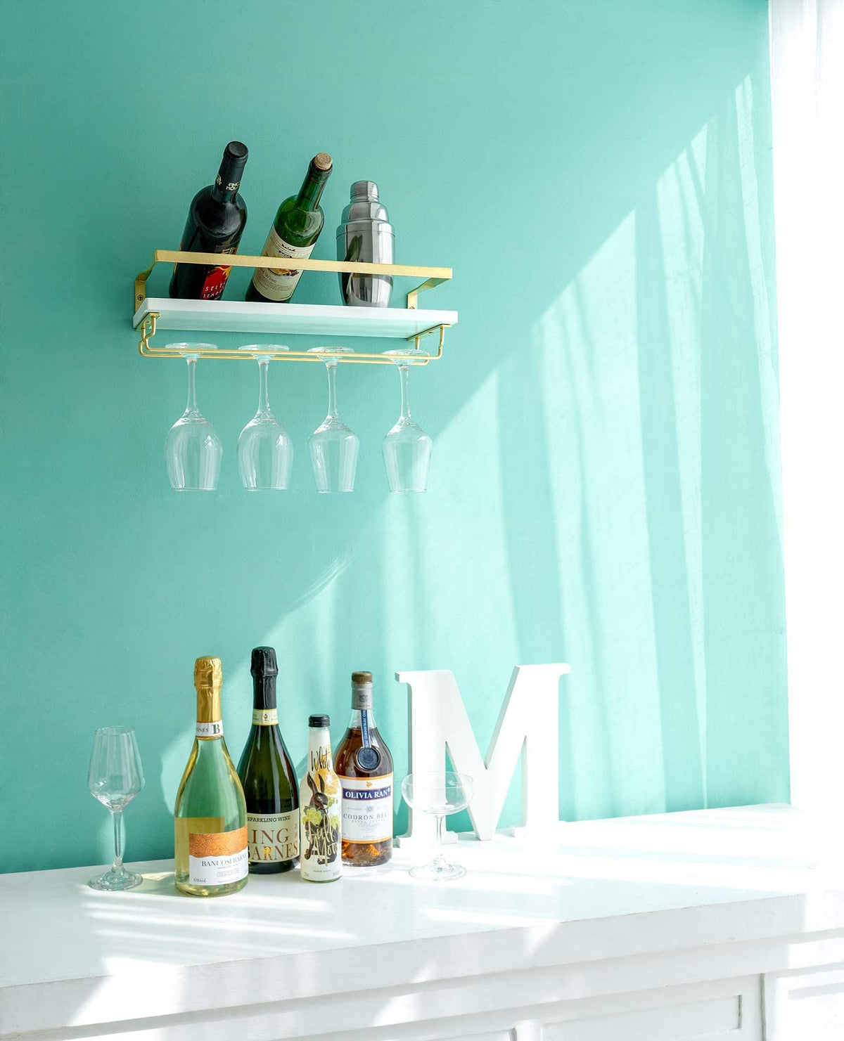 Wall Mounted Wine Rack with Glass Holder and Wood Shelf, 2 Pack E367941