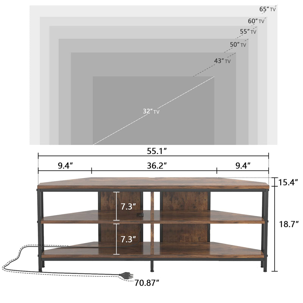 Corner TV Stand with Power Outlet, 55 Inch Rustic Brown O996