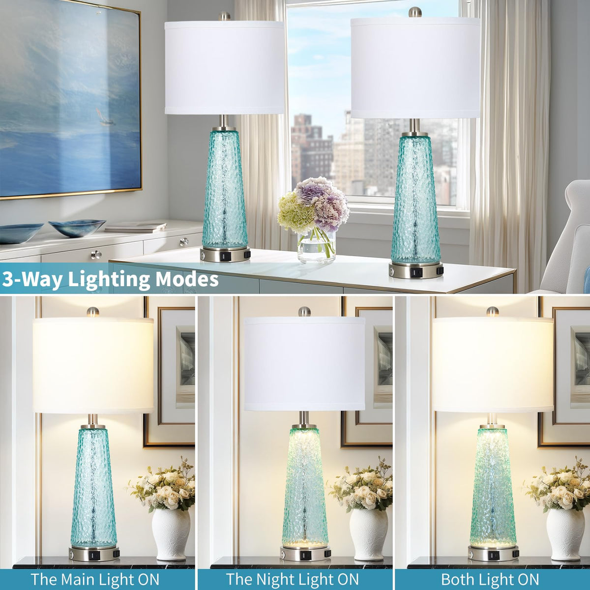 26" Glass Table Lamps with USB A+C Ports & Outlet C477731