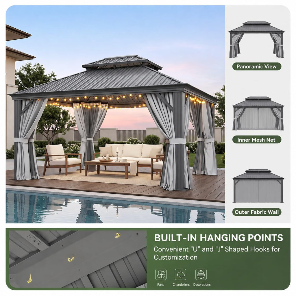 10x14 FT Hardtop Gazebo with Galvanized Steel Double Roof and Aluminum Frame Y501107