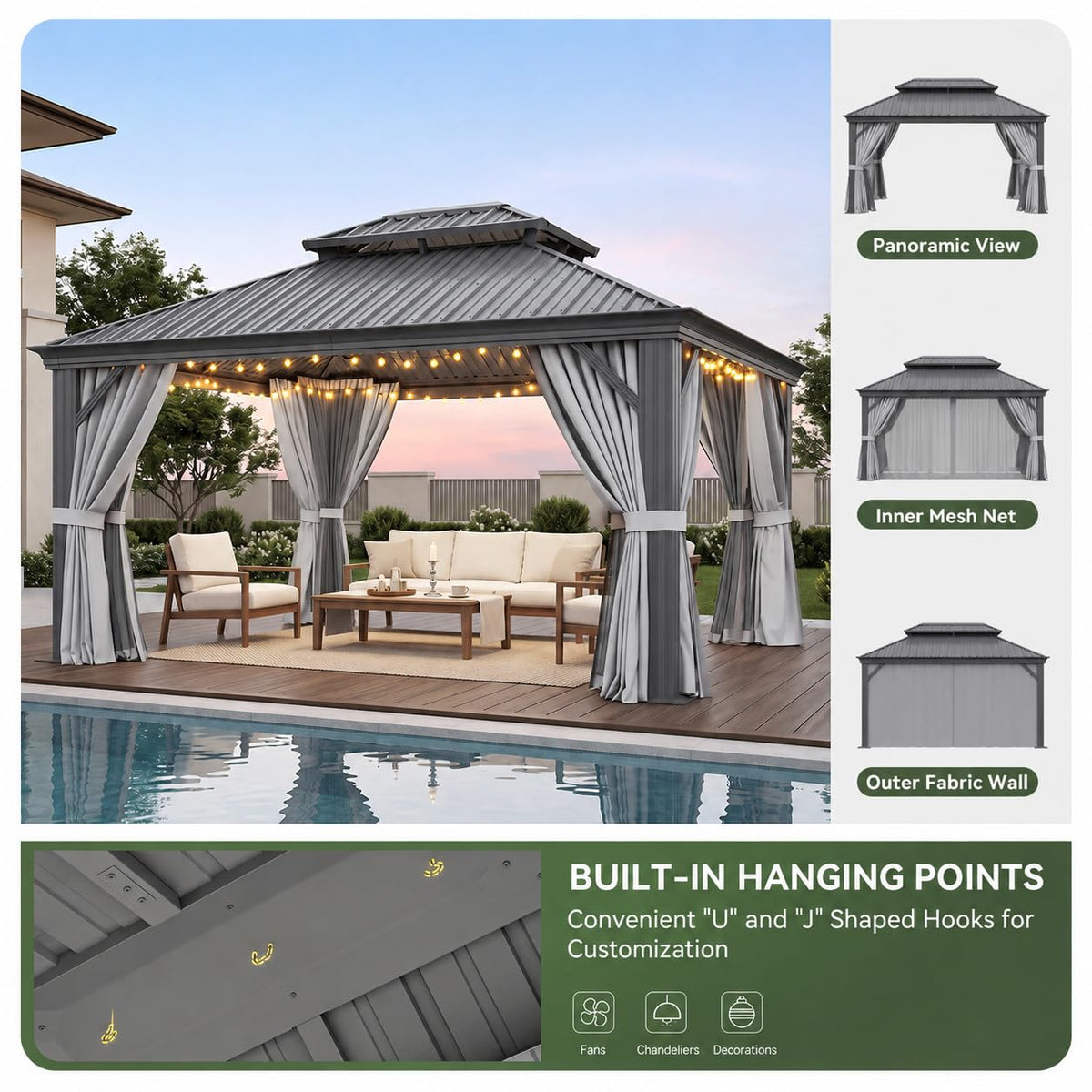 10x14 FT Hardtop Gazebo with Galvanized Steel Double Roof and Aluminum Frame Y501107