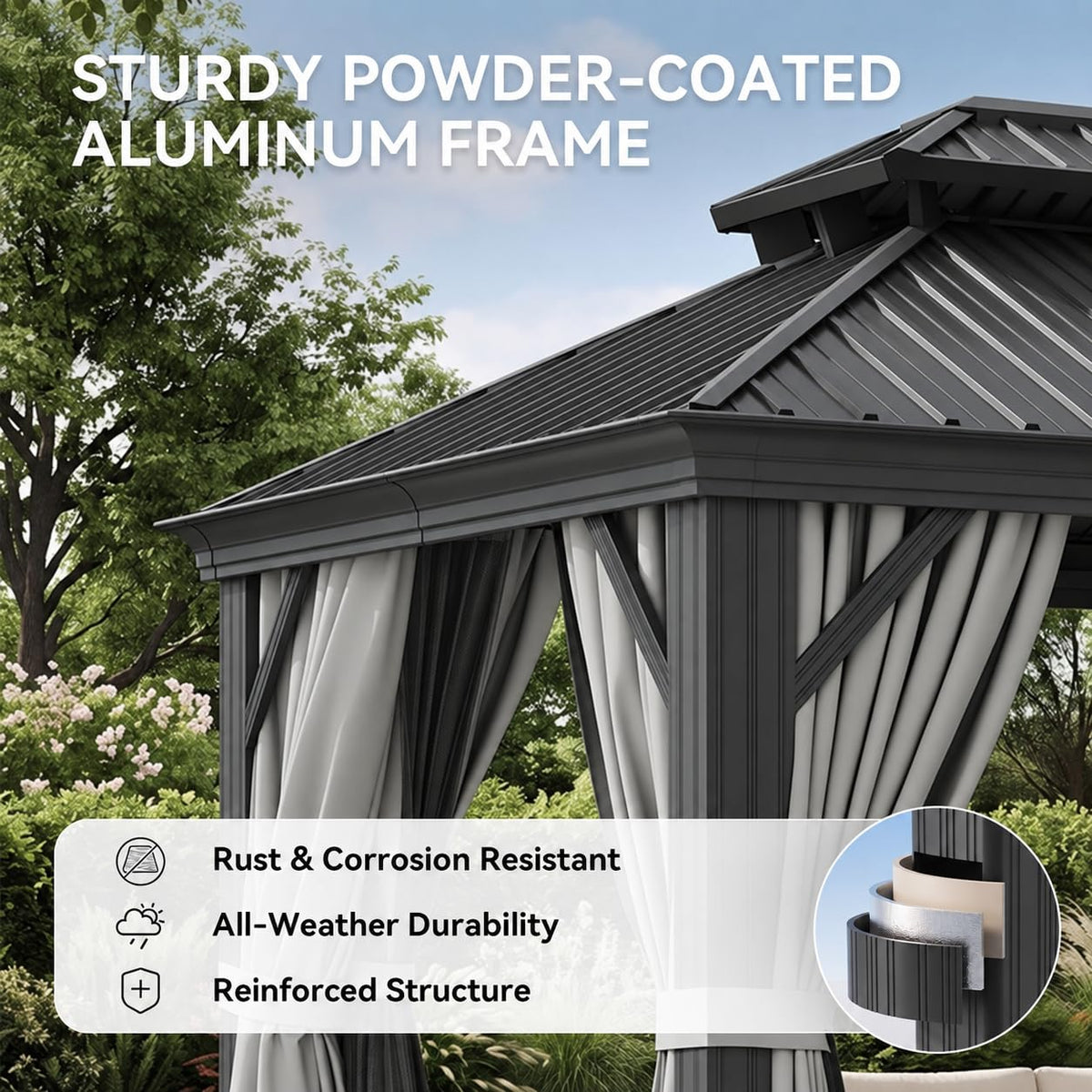 10x14 FT Hardtop Gazebo with Galvanized Steel Double Roof and Aluminum Frame Y501107