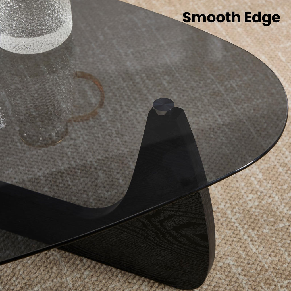 Modern Triangle Glass Coffee Table with Wood Base S11619