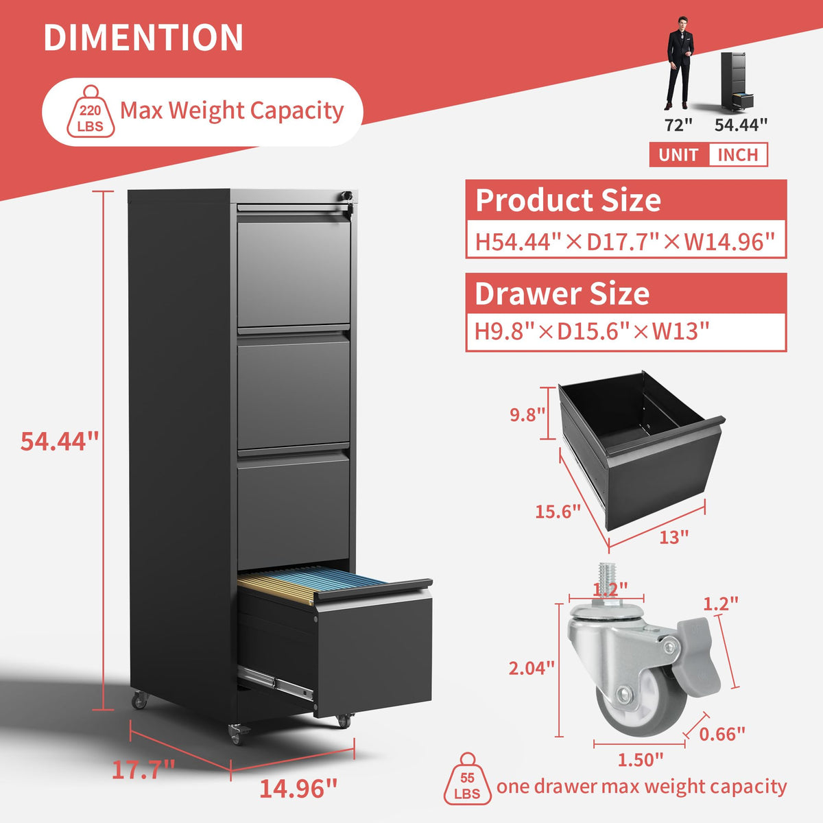 4 Drawer Black Metal File Cabinet with Lock C762