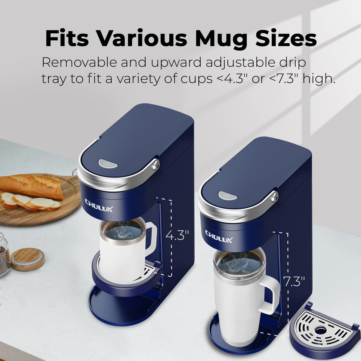Slim Single Serve Coffee Maker with 6 to 12oz Brew Sizes, Navy Blue J432302