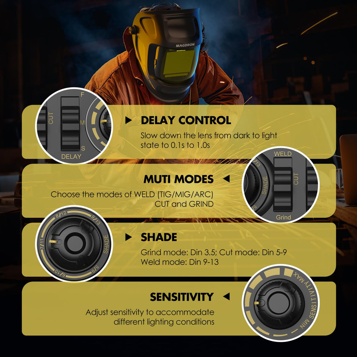 Auto Darkening Welding Helmet Large View True Color 4 Arc Sensor Solar/Battery Powered Z57956