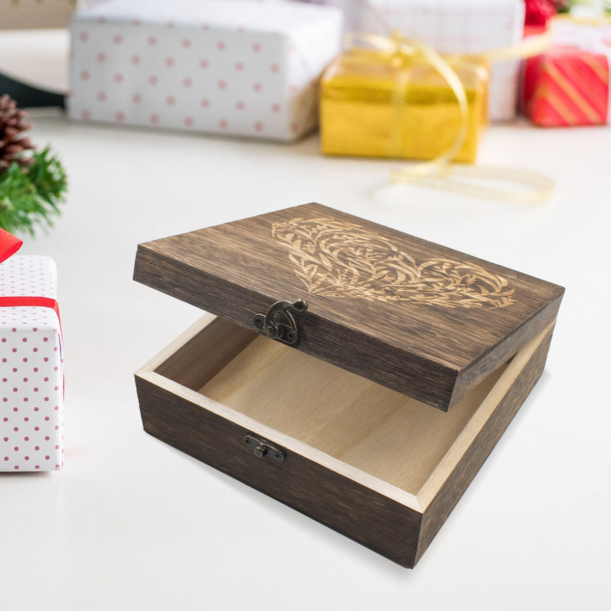 Wooden Hinged Lid Keepsake Boxes 7.5 x 7.5 x 2.8 Inch E432