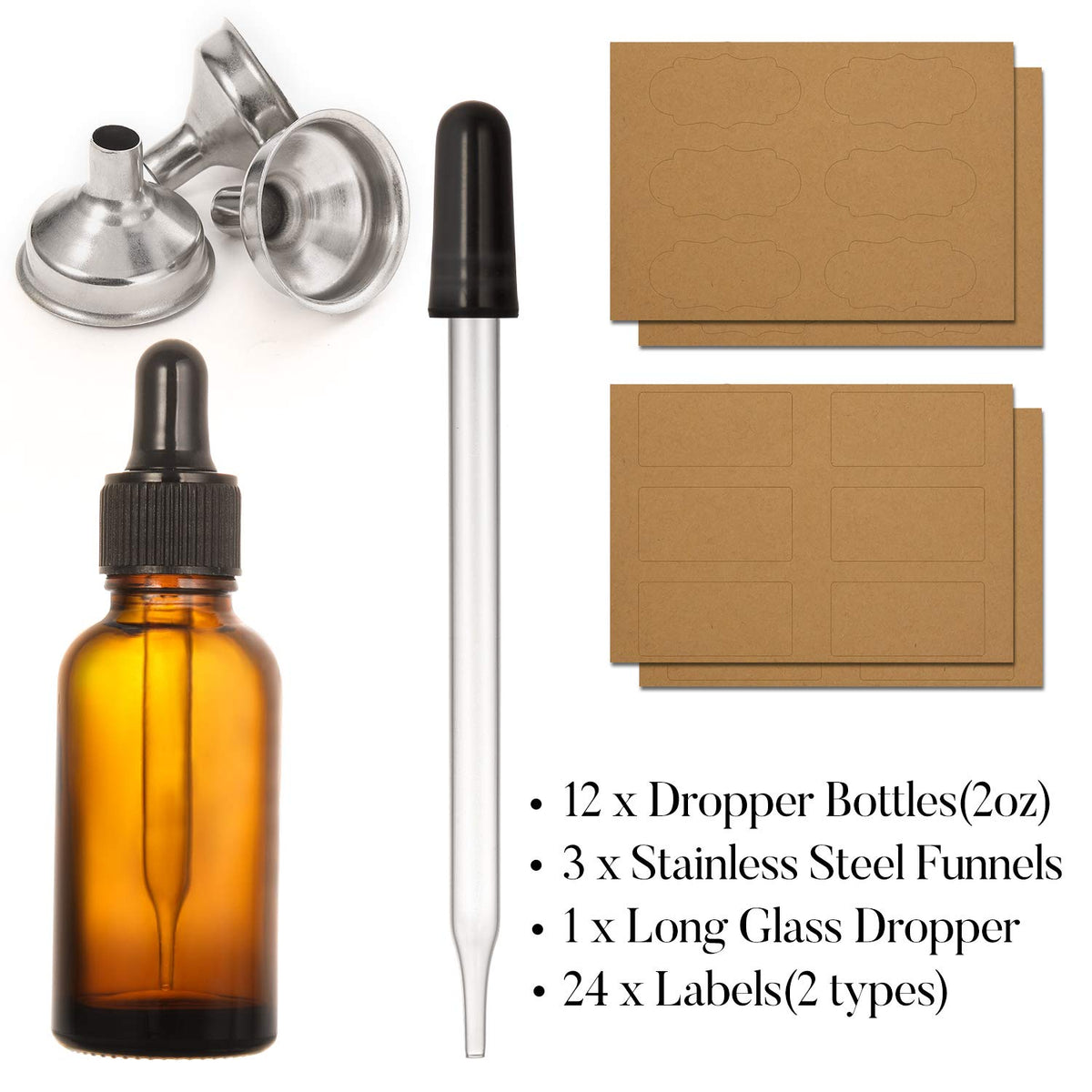 2 oz Amber Glass Dropper Bottle with Funnels R8948