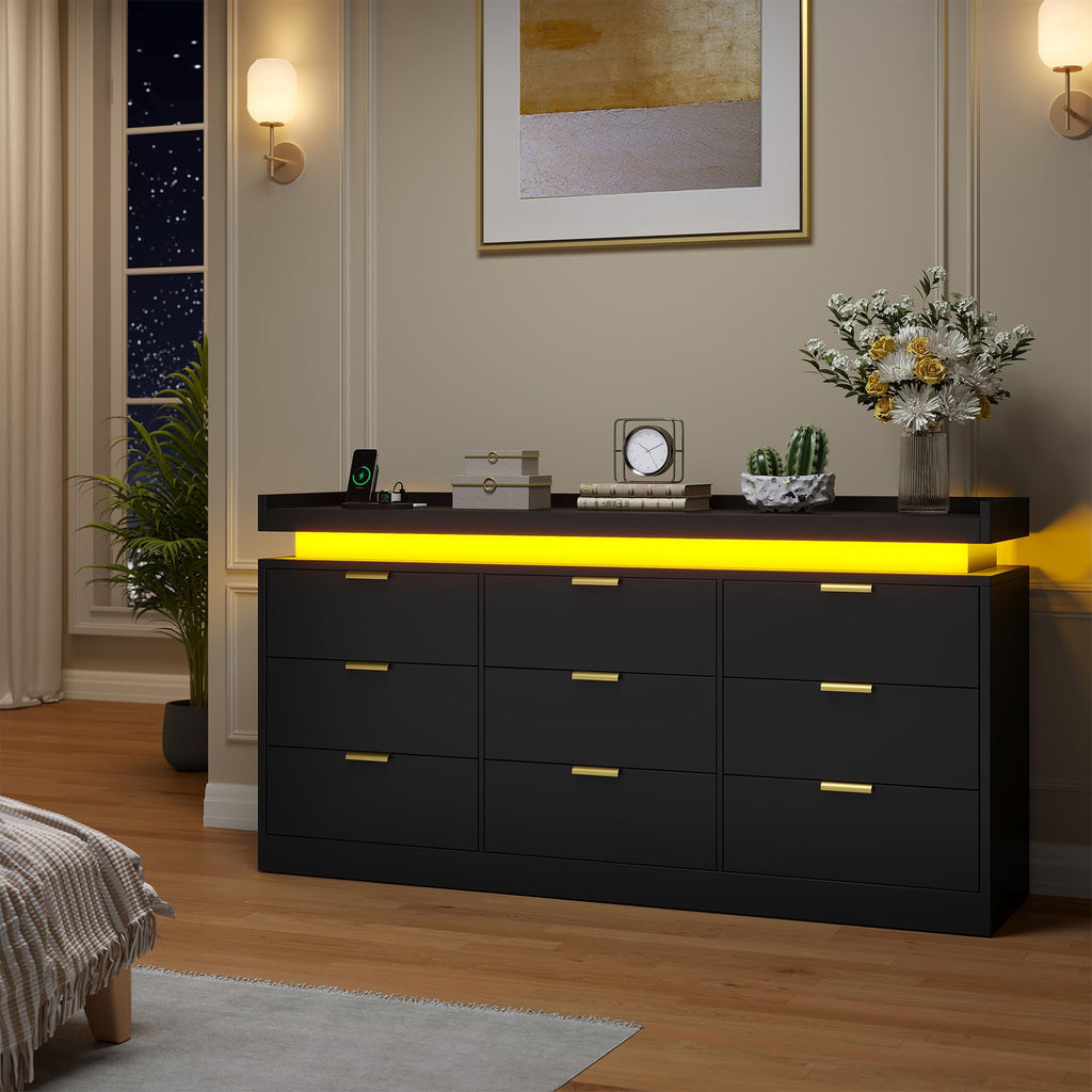 Black 9 Drawer Wood Dresser with LED Lights and Power Outlet D8861