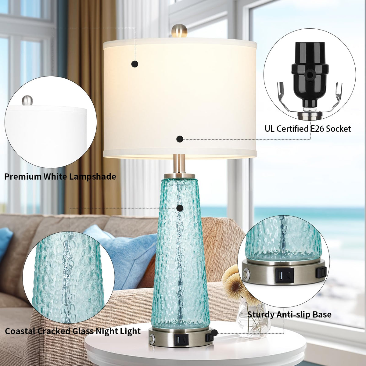 26" Glass Table Lamps with USB A+C Ports & Outlet C477731