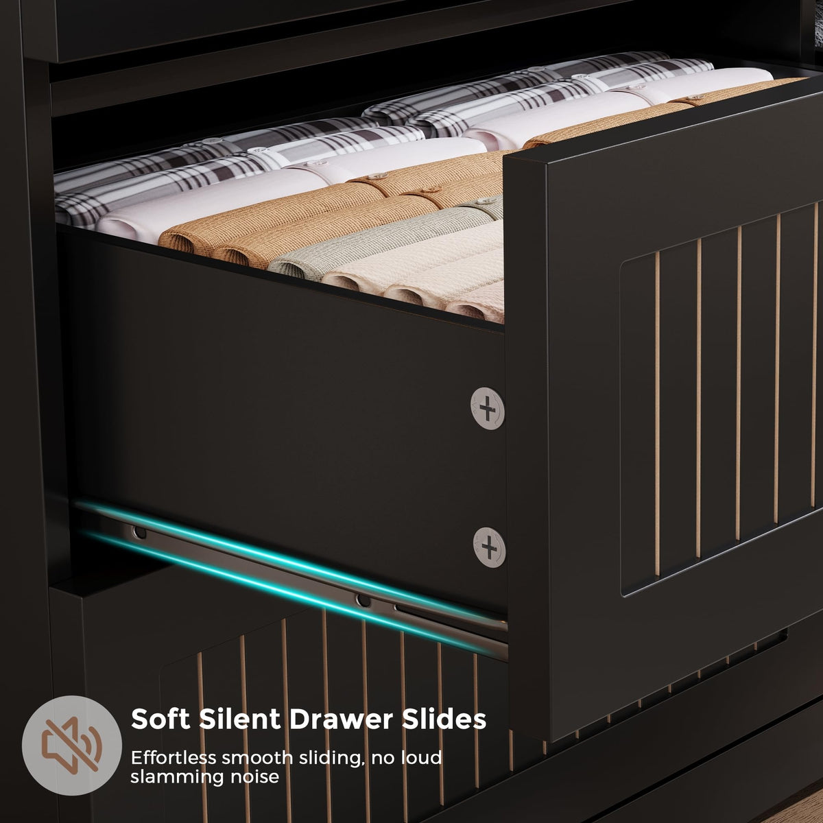 Black 6 Drawer Fluted Wood Dresser W314