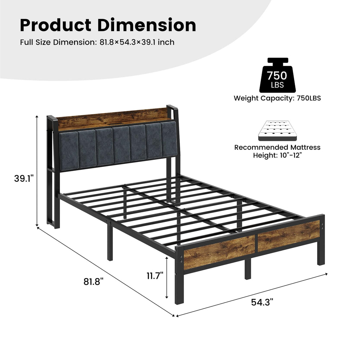 Full Size Bed Frame with LED Lights and Charging Station L14702