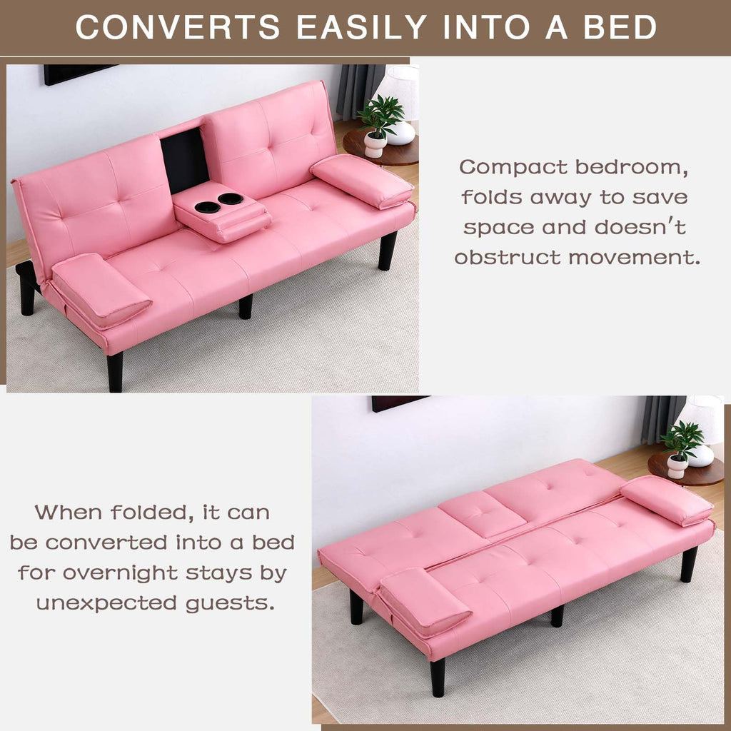 67" Convertible Futon Sofa Bed with 2 Cup Holders Y95258