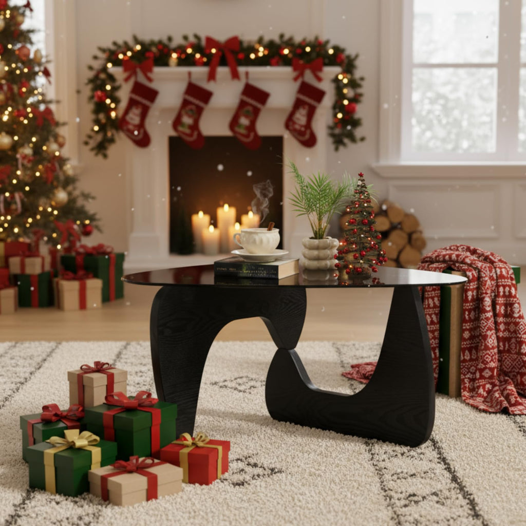 Modern Triangle Glass Coffee Table with Wood Base S11619