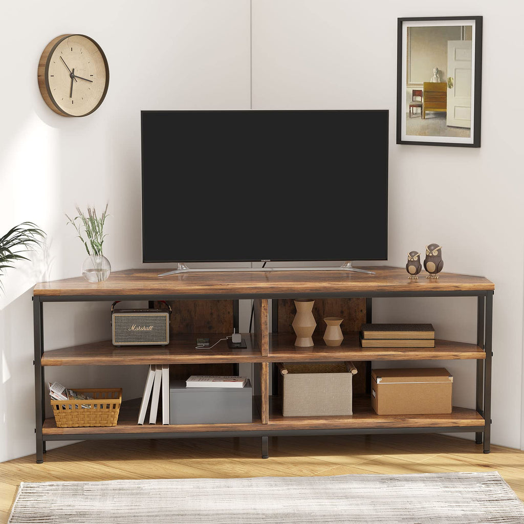 Corner TV Stand with Power Outlet, 55 Inch Rustic Brown O996