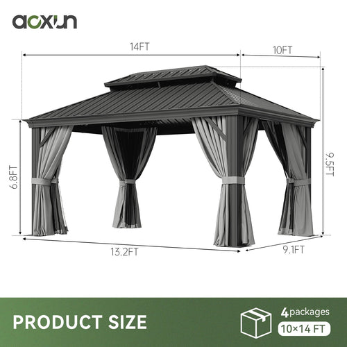 10x14 FT Hardtop Gazebo with Galvanized Steel Double Roof and Aluminum Frame Y501107