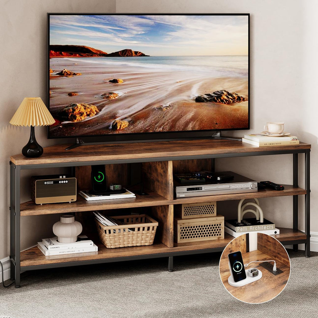 Corner TV Stand with Power Outlet, 55 Inch Rustic Brown O996