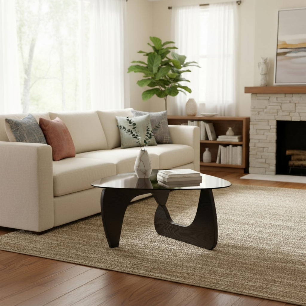 Modern Triangle Glass Coffee Table with Wood Base S11619