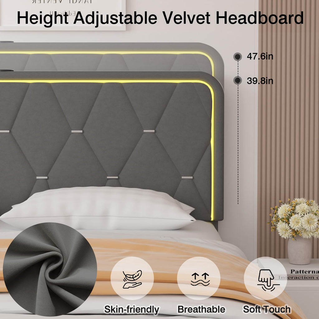 Dark Grey Velvet Upholstered Queen Bed Frame with Headboard J78358
