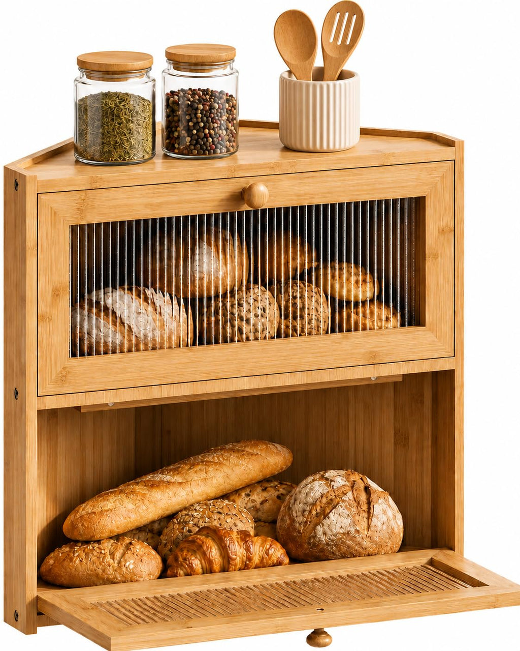 Double Layer Bamboo Bread Box with Wavy Windows V312035