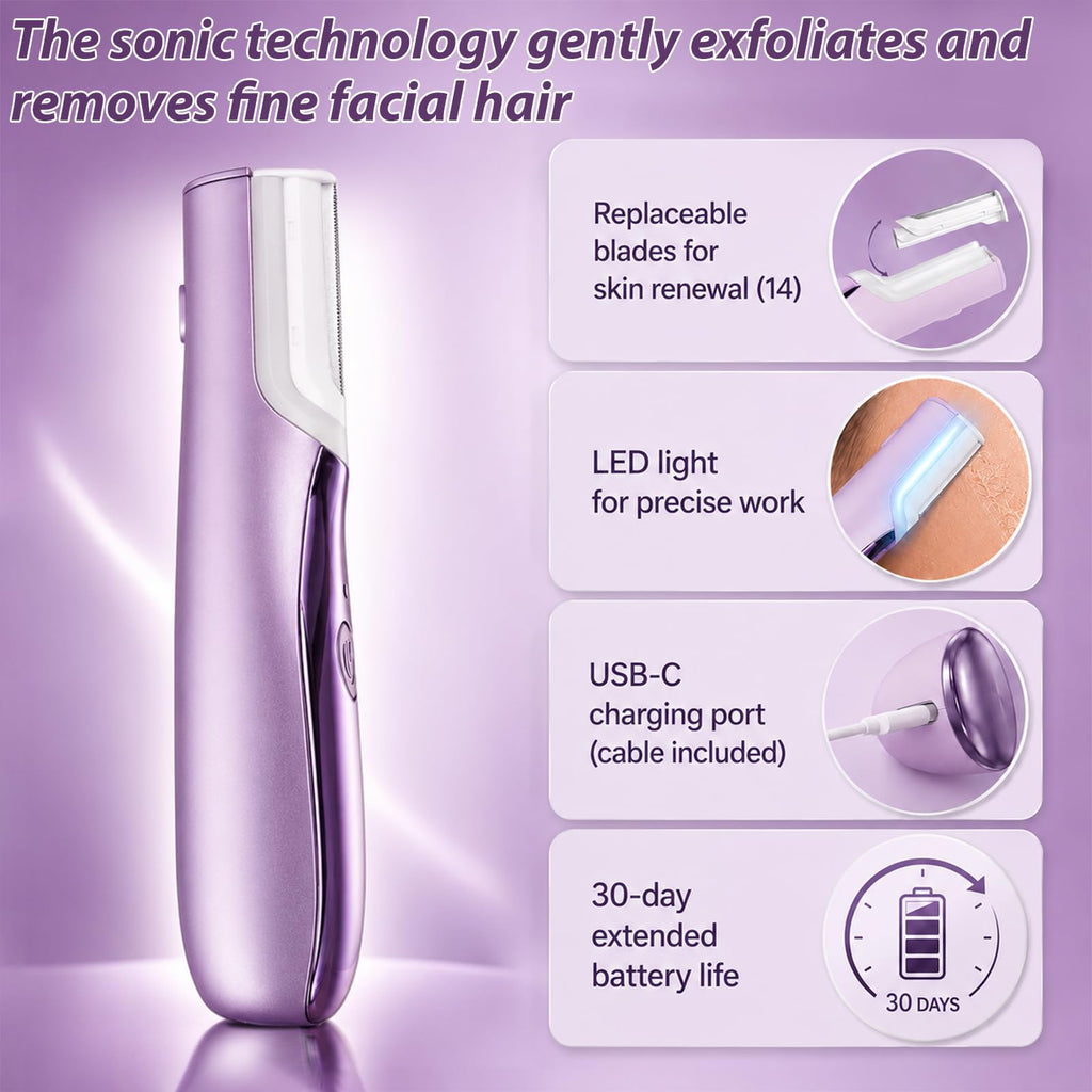 Sonic Dermaplaning Tool with LED Light, Rechargeable Facial Hair Remover R628