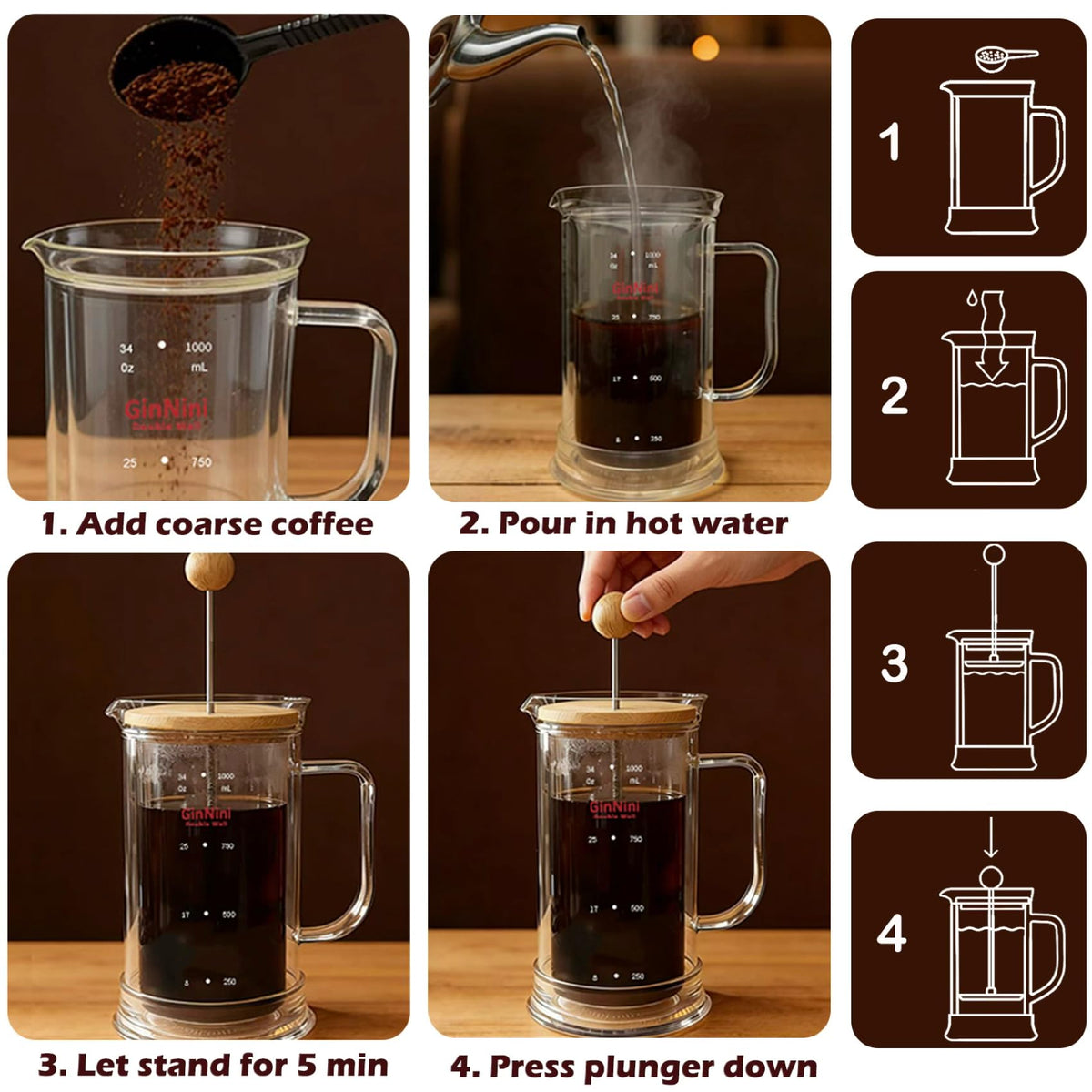 34oz Double-Wall Glass French Press T4012