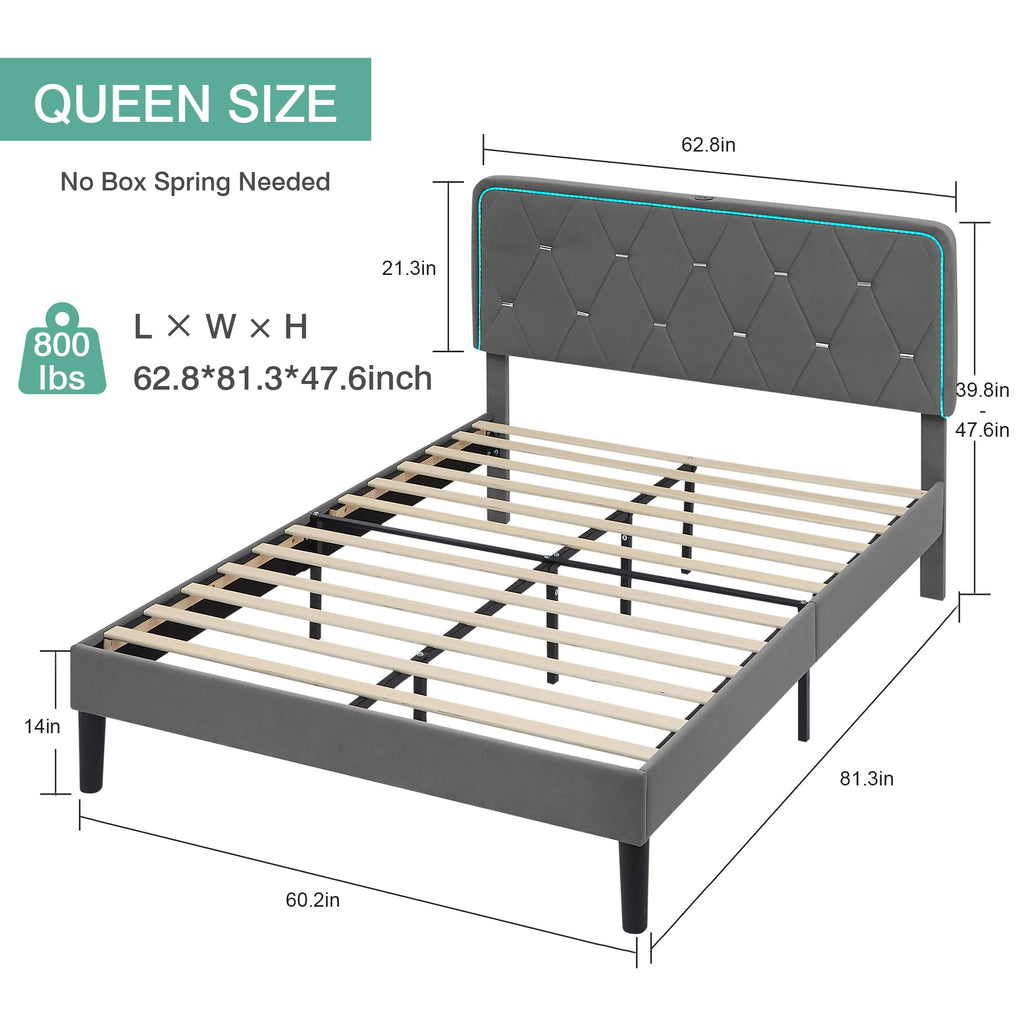 Dark Grey Velvet Upholstered Queen Bed Frame with Headboard J78358