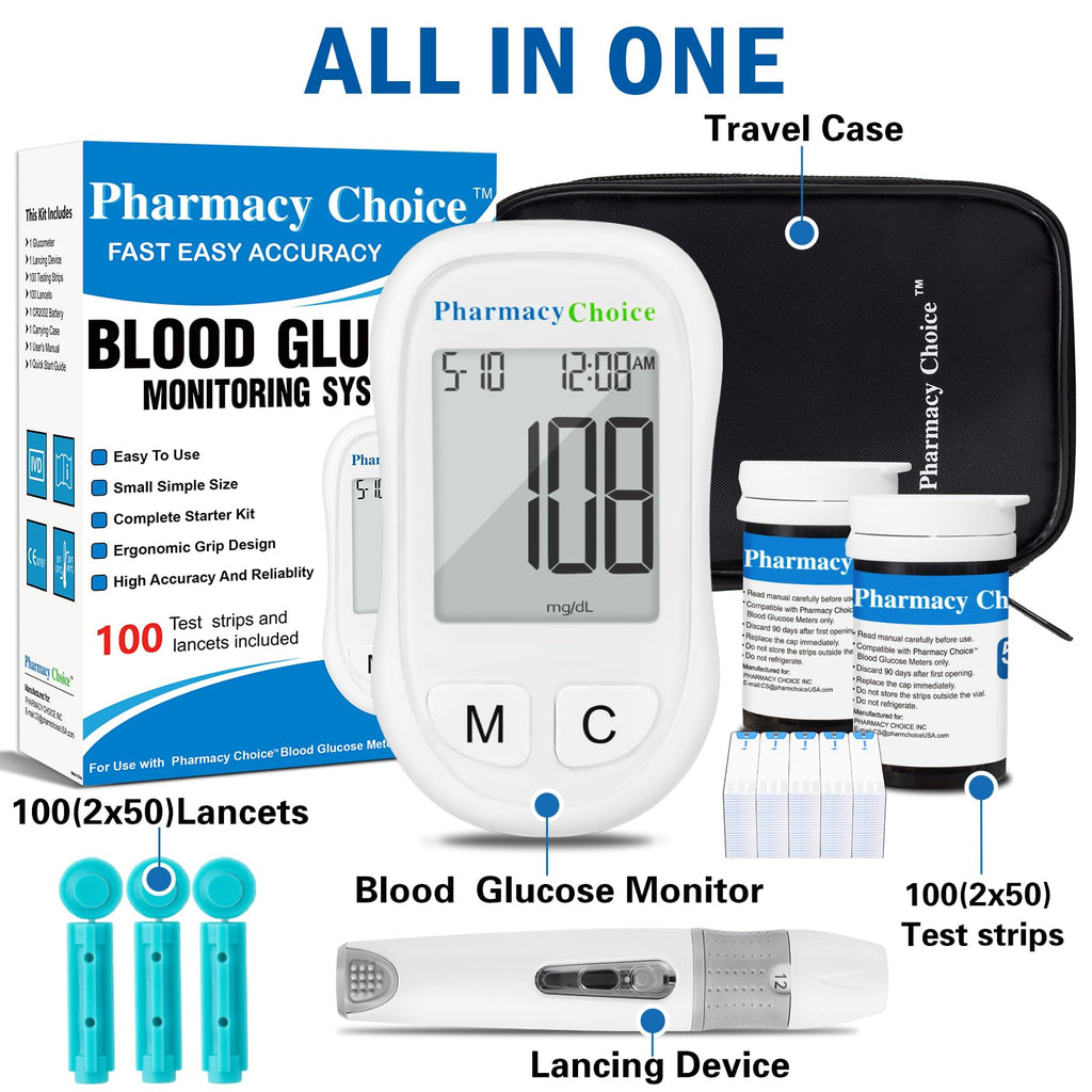 Blood Glucose Monitor Kit, 100 Strips, Meter, Lancing Device U36915