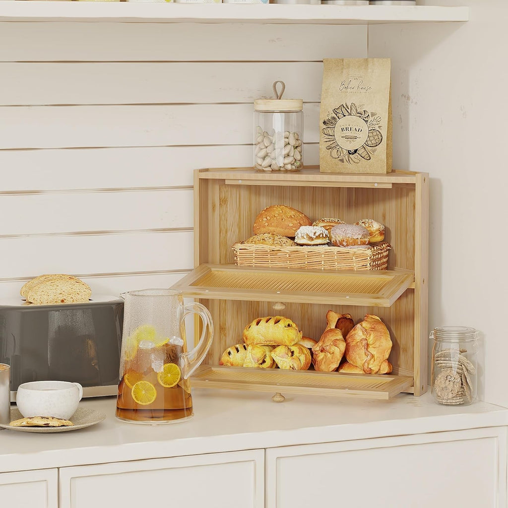 Double Layer Bamboo Bread Box with Wavy Windows V312035