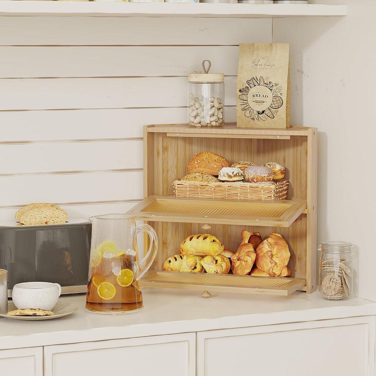 Double Layer Bamboo Bread Box with Wavy Windows V312035