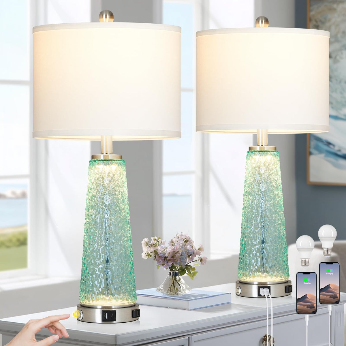 26" Glass Table Lamps with USB A+C Ports & Outlet C477731