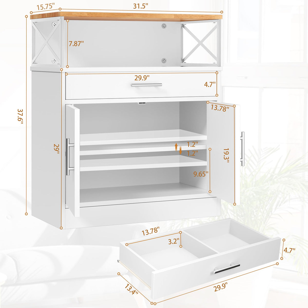 White Kitchen Buffet Cabinet with Adjustable Shelf N8392