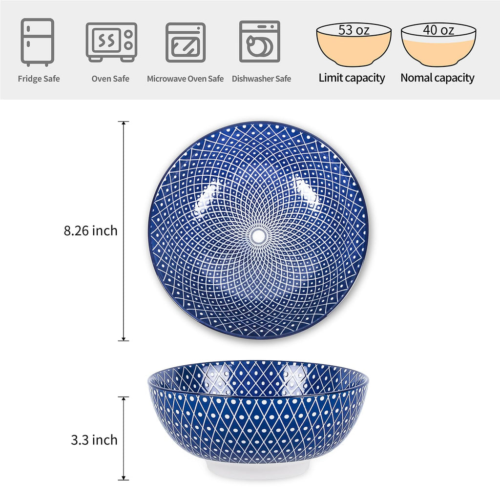 Ceramic 53 OZ Salad Bowls Set, Set of 3, Vintage Blue E733
