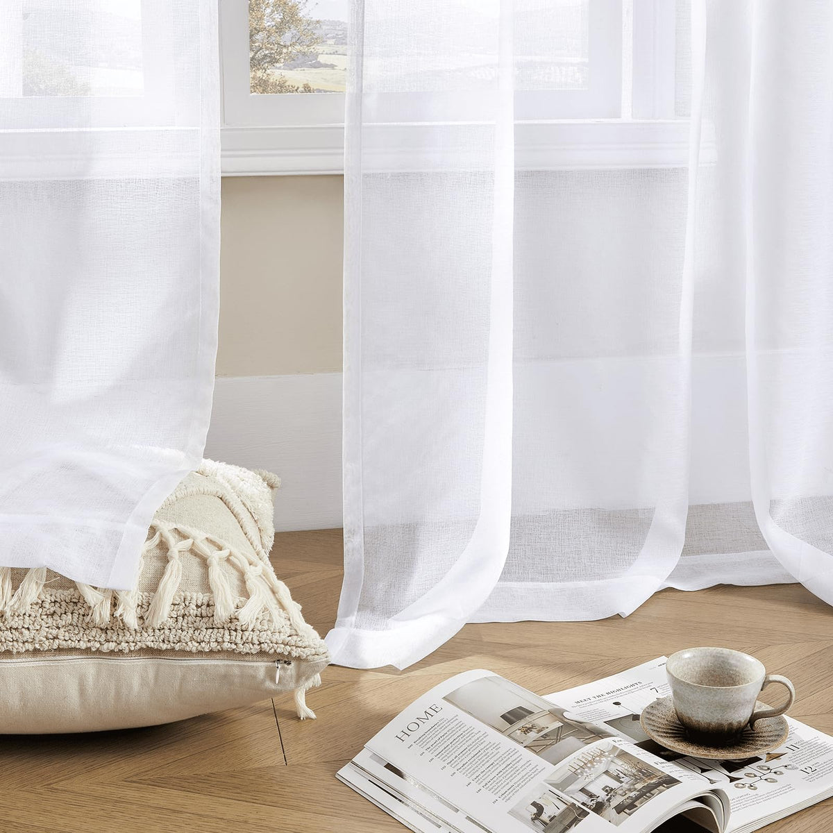 White 95 Inches Long Rod Pocket Sheer Curtains Set of 2 C5529