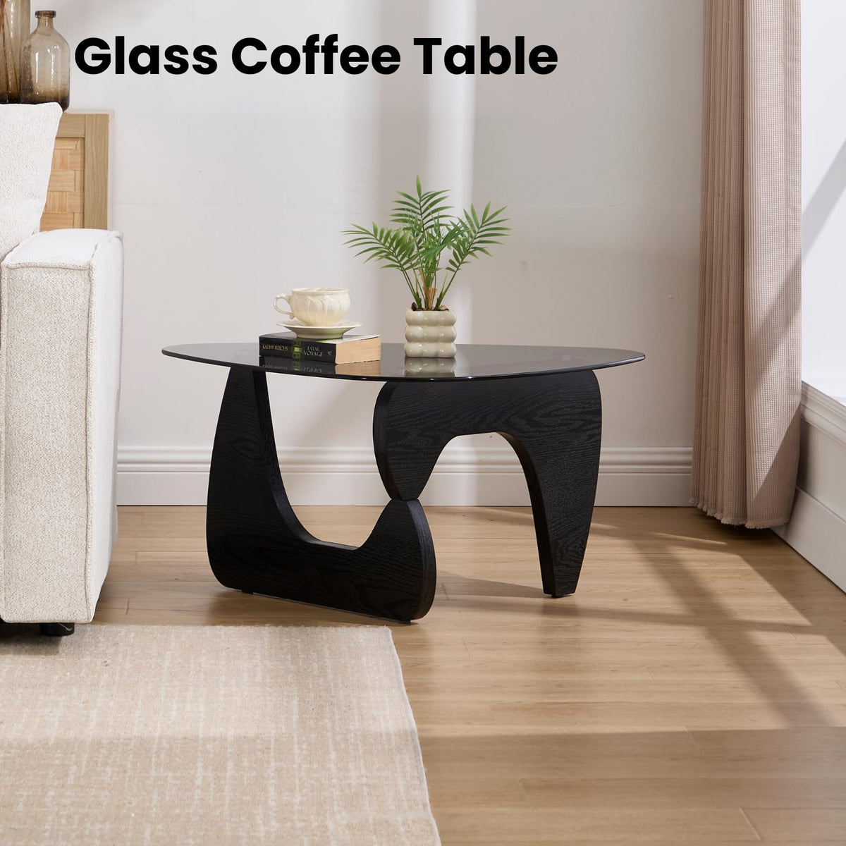 Modern Triangle Glass Coffee Table with Wood Base S11619