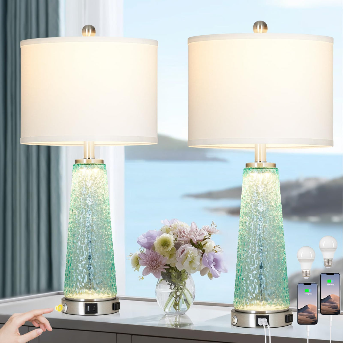 26" Glass Table Lamps with USB A+C Ports & Outlet C477731