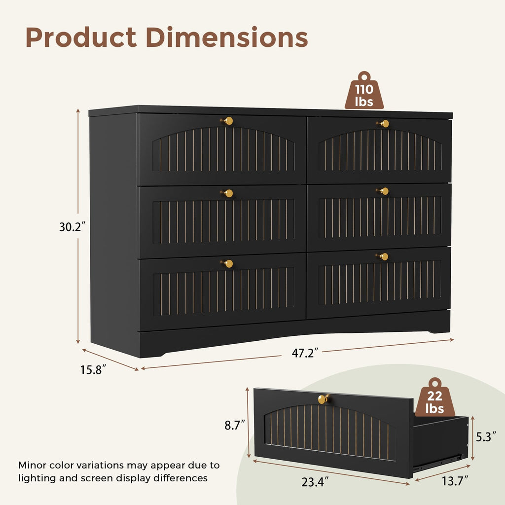 Black 6 Drawer Fluted Wood Dresser W314