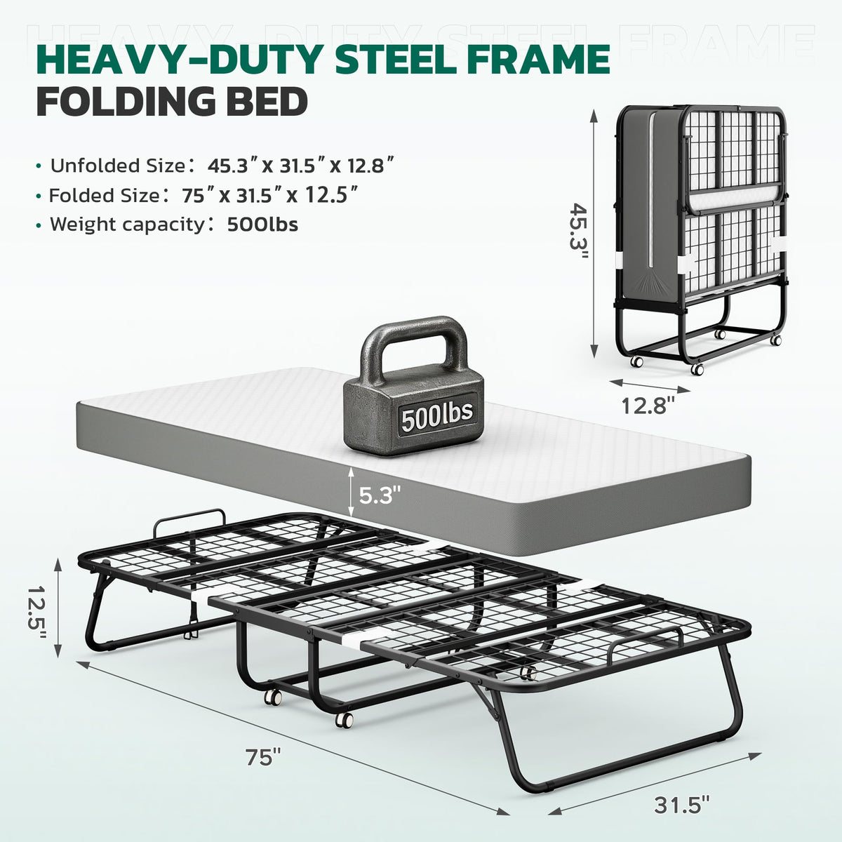Folding Bed with Mattress Metal Frame Cot Size N4266