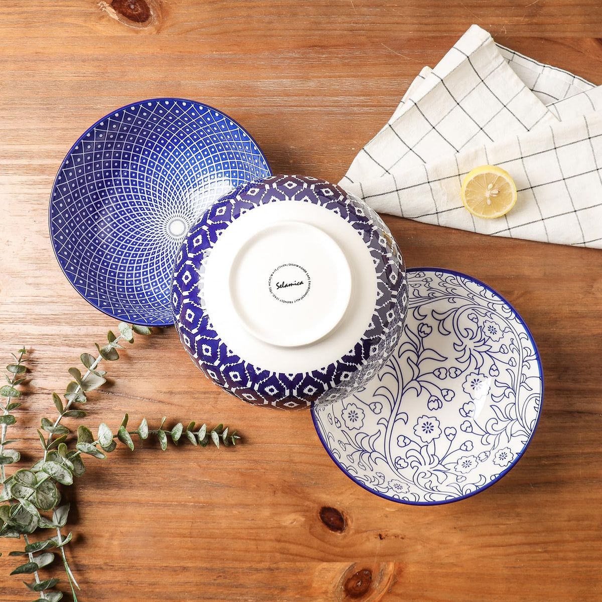 Ceramic 53 OZ Salad Bowls Set, Set of 3, Vintage Blue E733