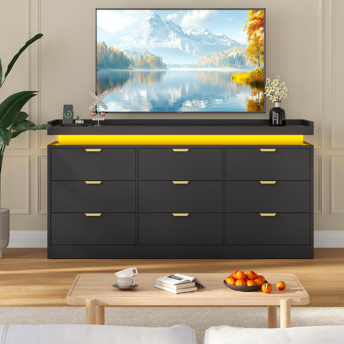 Black 9 Drawer Wood Dresser with LED Lights and Power Outlet D8861