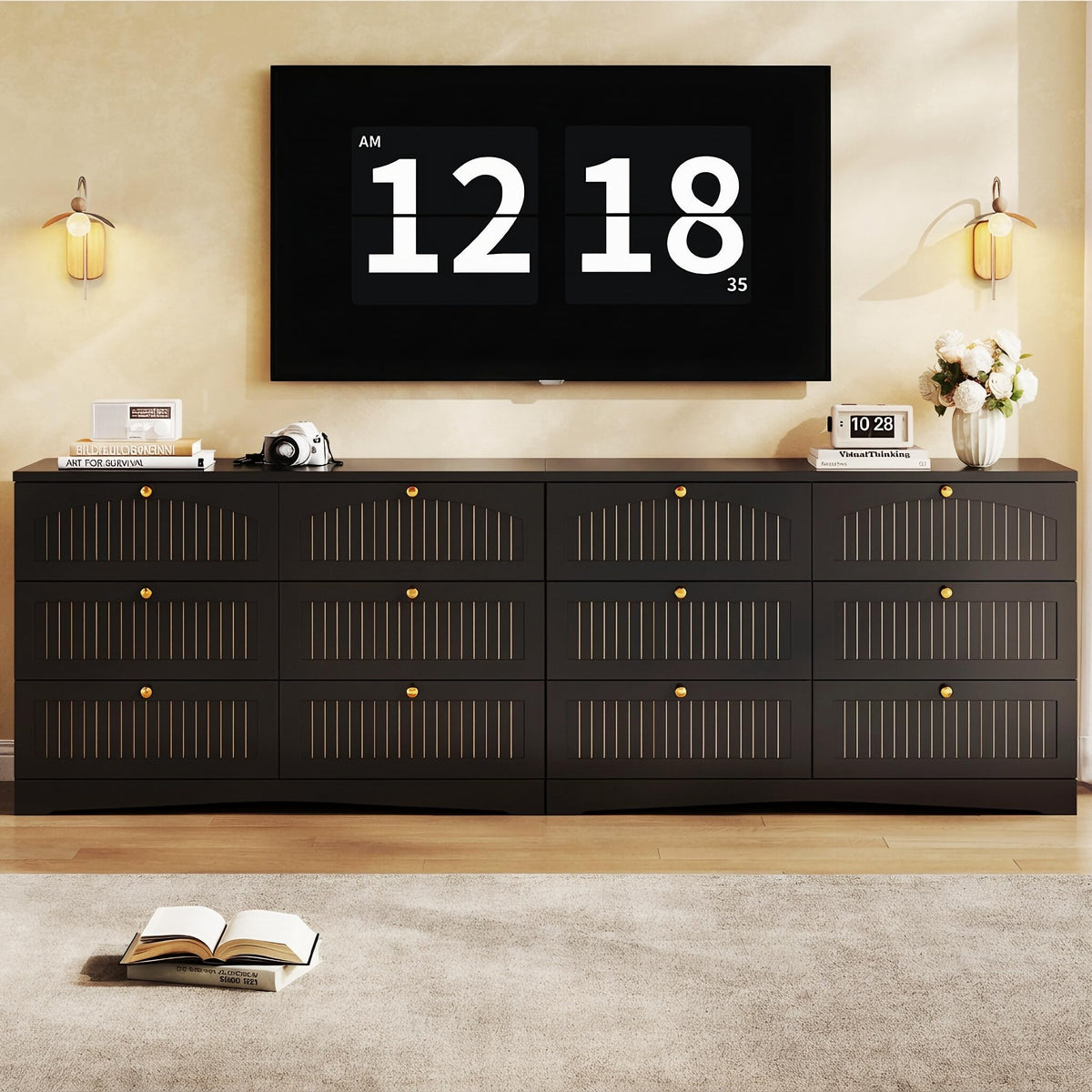 Black 6 Drawer Fluted Wood Dresser W314