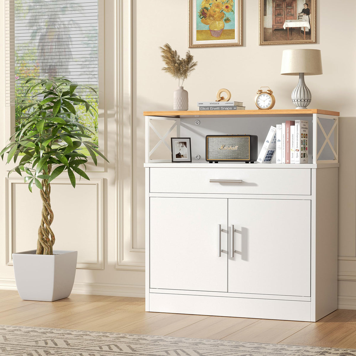 White Kitchen Buffet Cabinet with Adjustable Shelf N8392