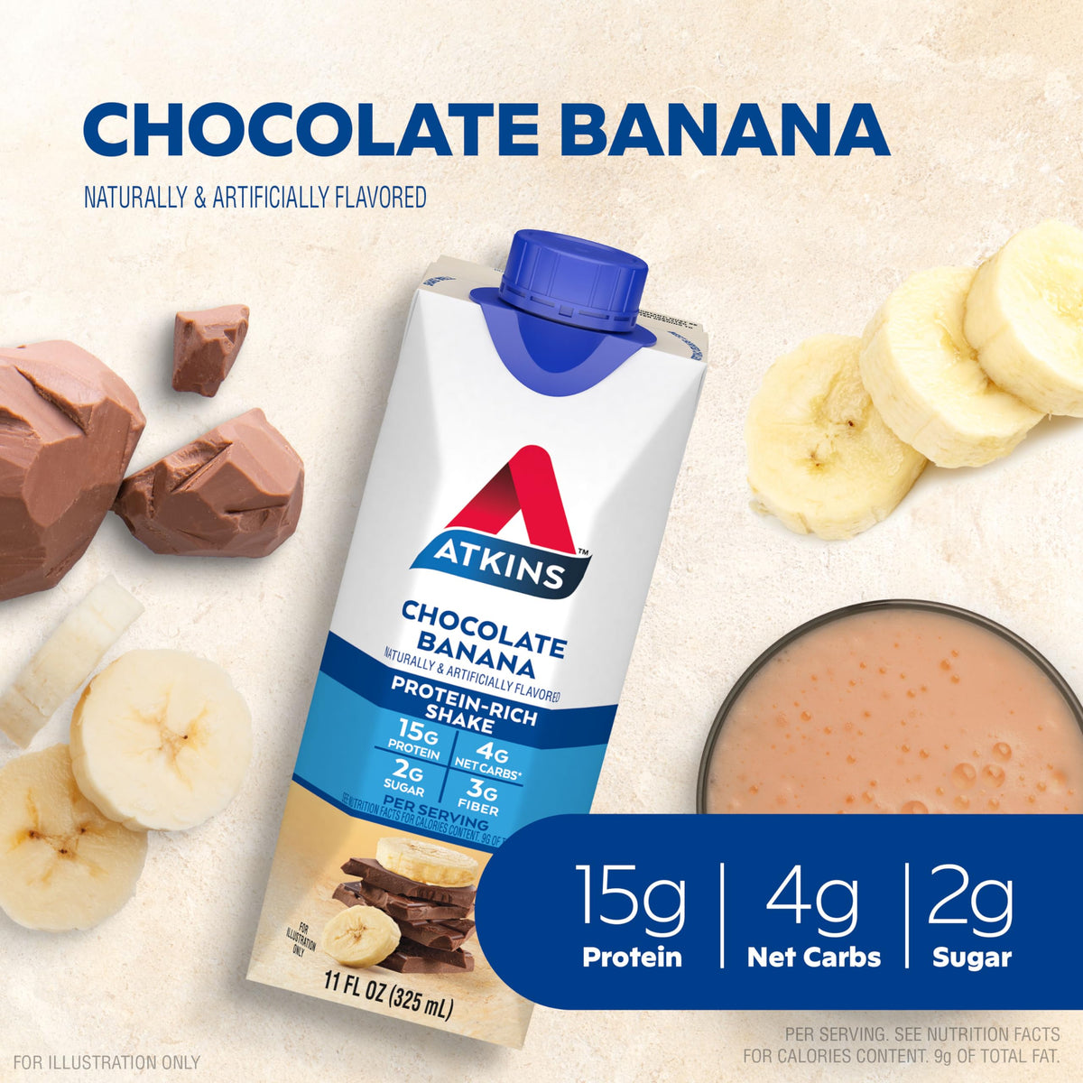 Chocolate Banana Protein Shake, 15g Protein, 2g Net Carb, 12 Count H4099
